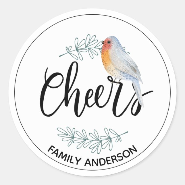 Modern CHEERS Personalised Christmas Robin Classic Round Sticker (Front)
