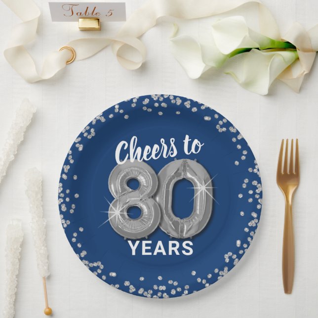 Modern Cheers to 80 Years Birthday Paper Plate (Wedding)