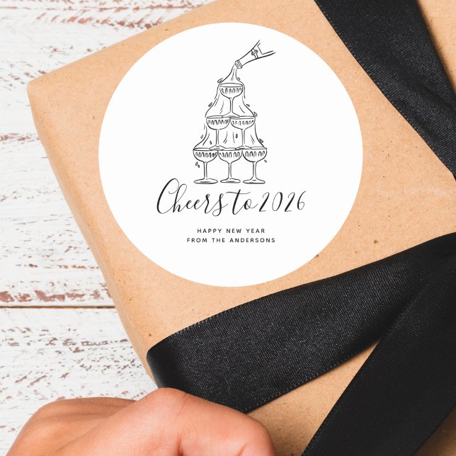 Modern Cheers to the New Year White Hand Drawn Classic Round Sticker (Creator Uploaded)