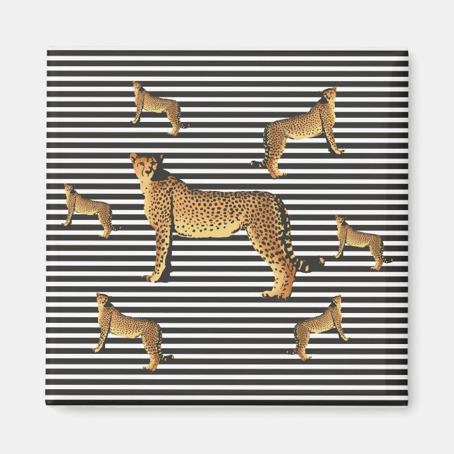 Modern Cheetah Pattern on Black and White Stripes Magnet (Front)