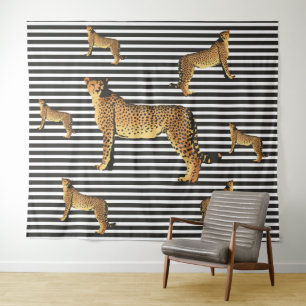 Modern Cheetah Pattern on Black and White Stripes Tapestry