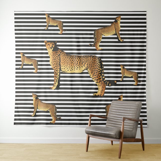 Modern Cheetah Pattern on Black and White Stripes Tapestry (In Situ (Horizontal))