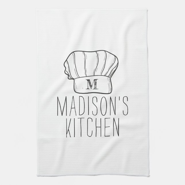 Modern Chef Cook Hat Monogram Simple Stylish Name Tea Towel (Vertical)
