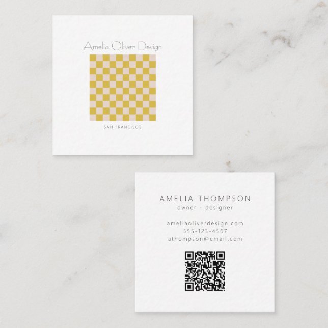 Modern Chequerboard Yellow Simple Stylish QR Code Square Business Card (Front/Back)