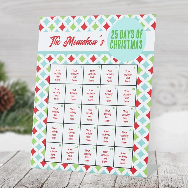 Modern Chequered 25 Days of Christmas Activity Pedestal Sign (25 Days of Christmas Holiday Activity Pedestal Sign. Sweet Checkered Diamond Pattern Design)