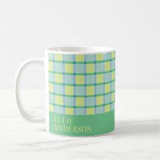 Modern Chequered Blue Green Lime Personalised Coffee Mug
