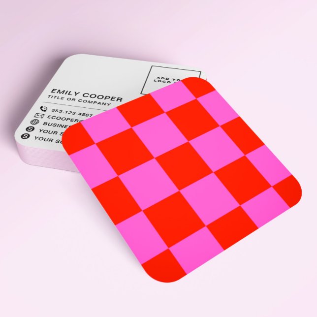 Modern Chequered Chequerboard Add Logo Red and Pin Square Business Card (Creator Uploaded)