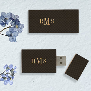Modern Chequered Monogrammed Initials Elegant USB Wood USB Flash Drive