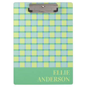 Modern Chequered Pastel Blue Green Lime Name Clipboard