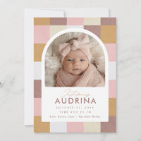 Modern Chequered Pattern Birth Photo Announcement