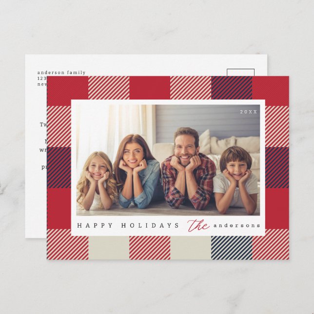 Modern Chequered Pattern Christmas Family Photo Postcard (Front/Back)