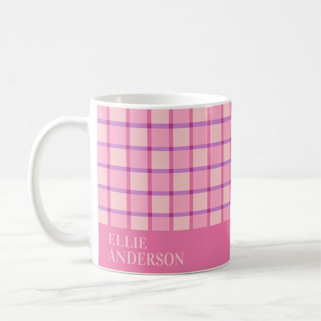 Modern Chequered Pink Purple Personalised Coffee Mug (Left)