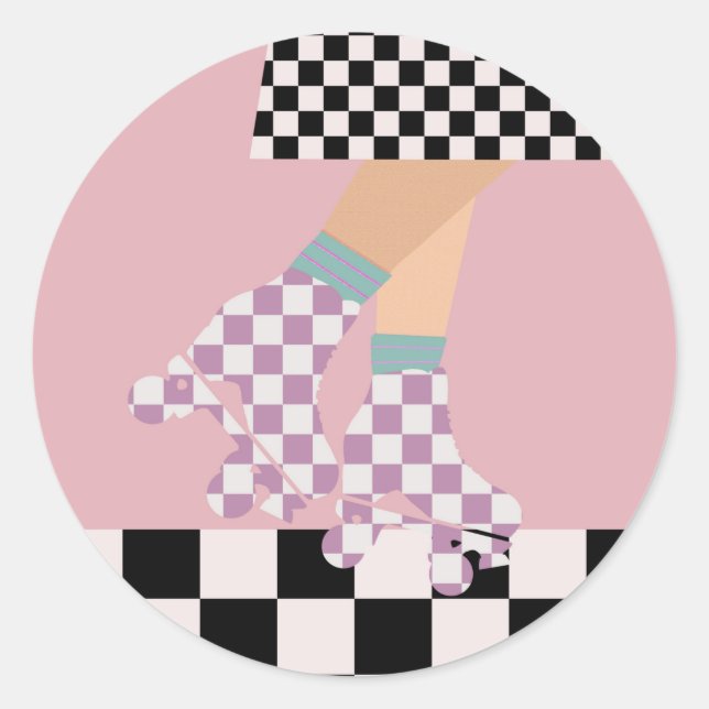 Modern Chequered Roller Skating Girl Art Checks    Classic Round Sticker (Front)