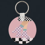 Modern Chequered Roller Skating Girl Art Checks   Key Ring<br><div class="desc">Roller skater girl in checks on skirt, and lilac checkers on quads, roller skating on chequerboard pattern disco floor. Perfect abstract legs roller skates art for roller derby babe, woman, girl. Loveable roller skates pattern design on home decor, mugs, wrapping paper, etc. Roller skates art illustration design gift for daughter,...</div>