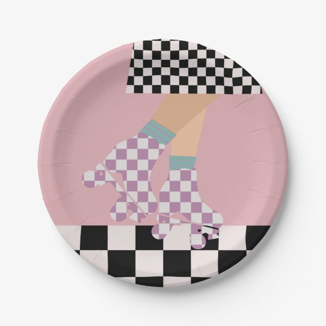 Modern Chequered Roller Skating Girl Art Checks  Paper Plate (Front)