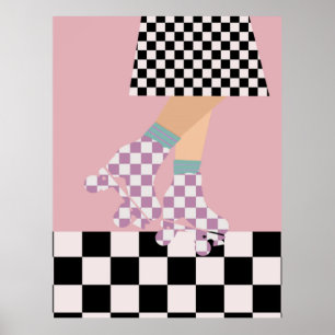 Modern Chequered Roller Skating Girl Art Checks Poster