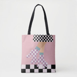 Modern Chequered Roller Skating Girl Art Checks Tote Bag