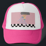 Modern Chequered Roller Skating Girl Art Checks   Trucker Hat<br><div class="desc">Roller skater girl in checks on skirt, and lilac checkers on quads, roller skating on chequerboard pattern disco floor. Perfect abstract legs roller skates art for roller derby babe, woman, girl. Loveable roller skates pattern design on home decor, mugs, wrapping paper, etc. Roller skates art illustration design gift for daughter,...</div>