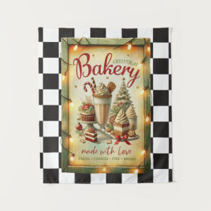 Modern chequered Rustic Chirstmas bakery Tapestry
