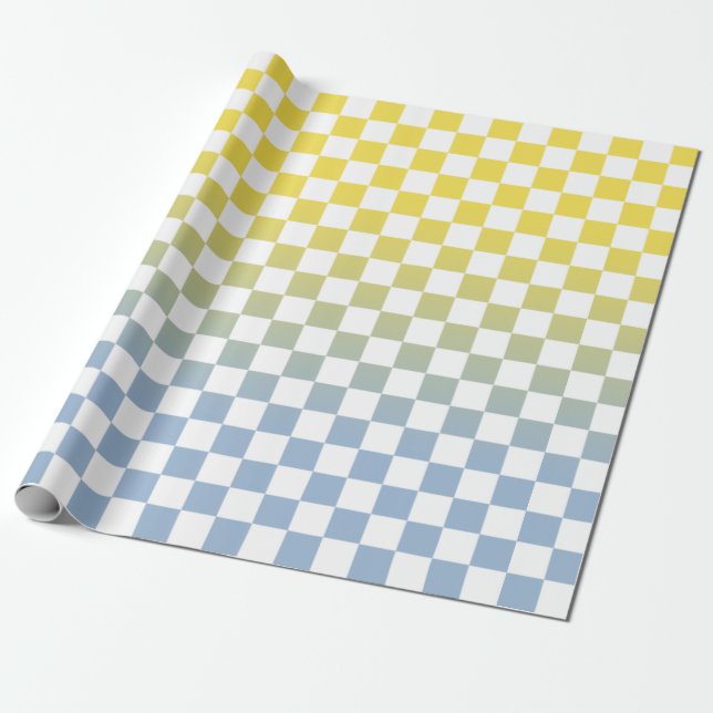 Modern Chequered Yellow to Blue Gradient Pattern Wrapping Paper (Unrolled)