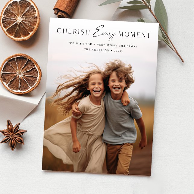Modern Cherish Every Moment Kids Family Christmas Card (Front)