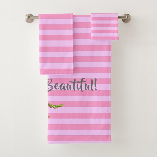 Modern Cherry Blossom Pink Stripe Hello Beautiful! Bath Towel Set (Insitu)