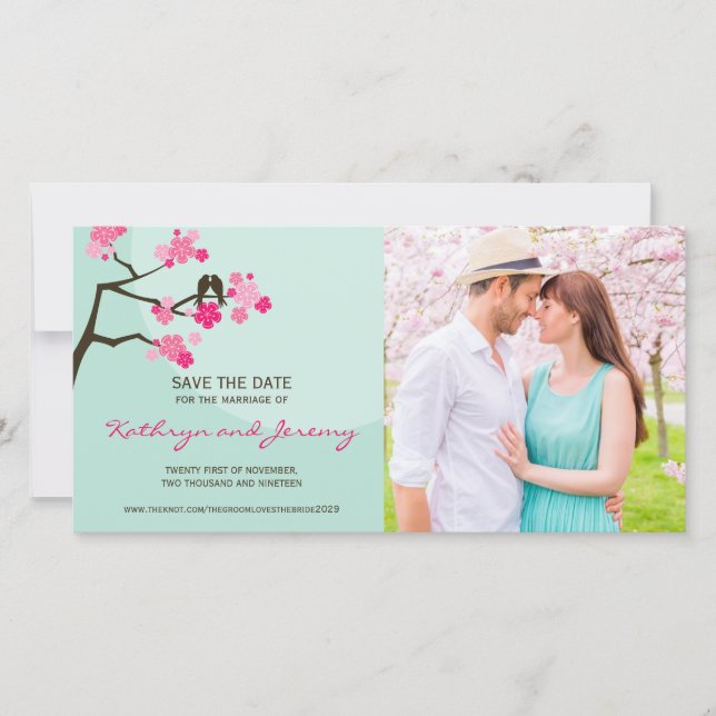 Modern Cherry Blossoms Love Birds Save The Date (Front)