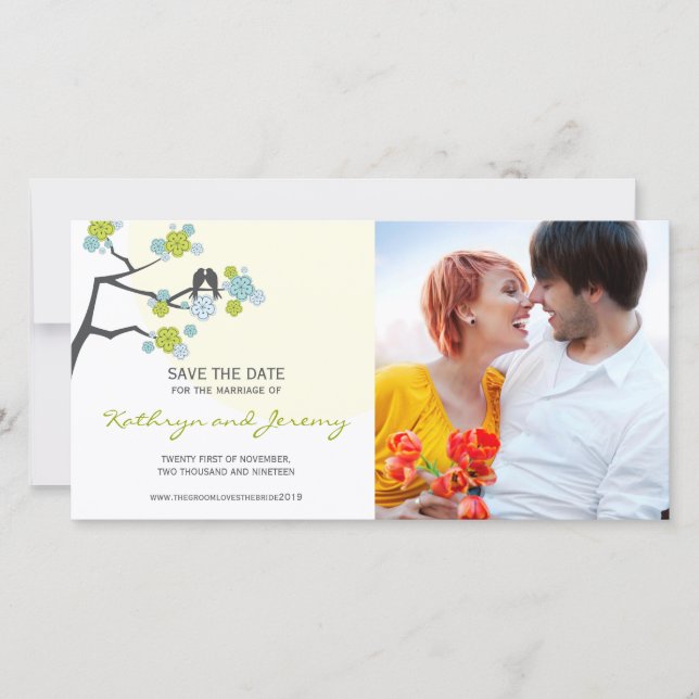 Modern Cherry Blossoms Love Birds Save The Date (Front)