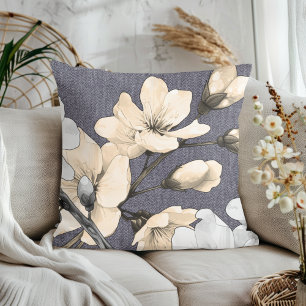 Modern Cherry Blossoms on Grey Denim Cushion