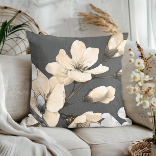 Modern Cherry Blossoms on Grey Fabric Cushion