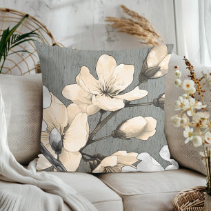 Modern Cherry Blossoms on Grey Wood Cushion
