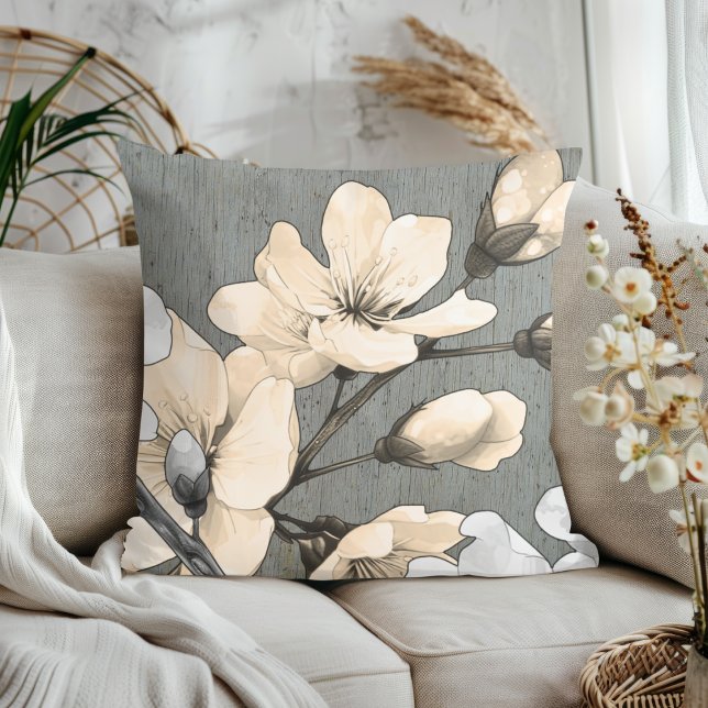 Modern Cherry Blossoms on Grey Wood Cushion (Creator Uploaded)
