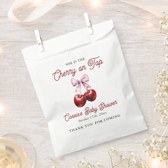 Modern Cherry On Top Pink Bow Baby Shower Favour Bags (Clipped)
