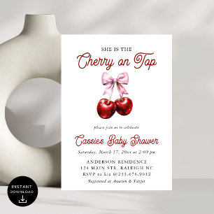 Modern Cherry On Top Pink Bow Baby Shower Invitation