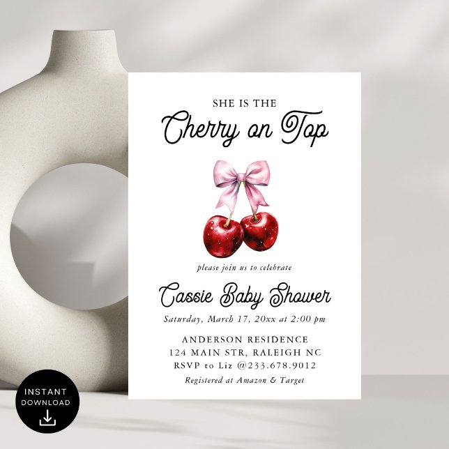 Modern Cherry On Top Pink Bow Baby Shower Invitation (Creator Uploaded)
