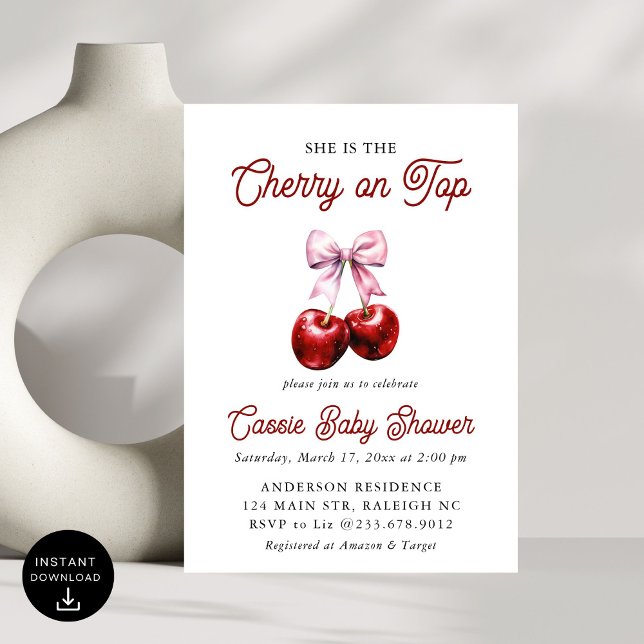Modern Cherry On Top Pink Bow Baby Shower Invitation (Creator Uploaded)