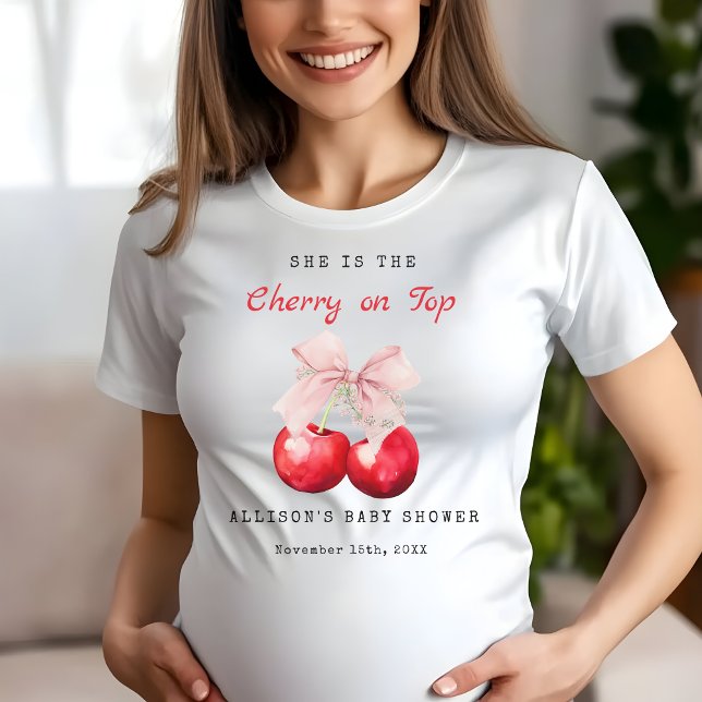 Modern Cherry On Top Pink Bow Baby Shower T-shirt (Cute and Modern Cherry on Top Baby shower T-shirt)