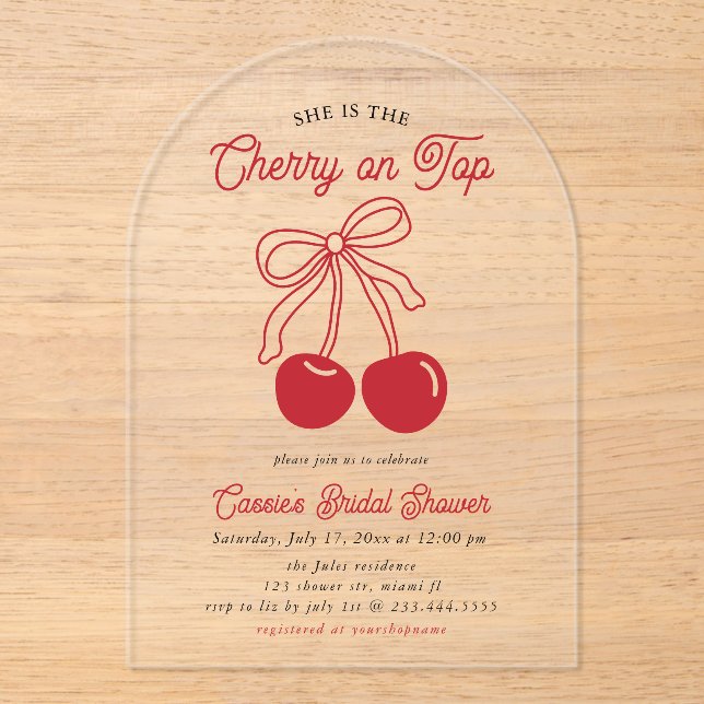 Modern Cherry On Top Pink Bow Bridal Shower Acrylic Invitations (Front)