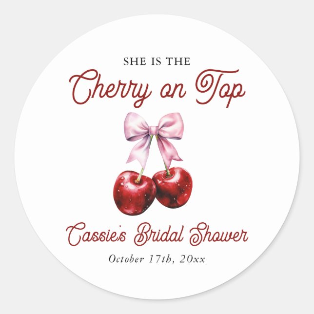 Modern Cherry On Top Pink Bow Bridal Shower Classic Round Sticker (Front)