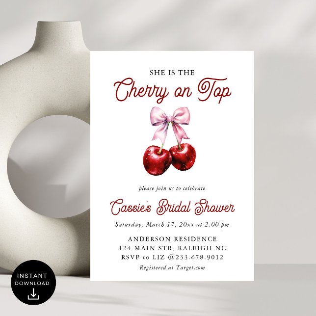 Modern Cherry On Top Pink Bow Bridal Shower Invitation (Creator Uploaded)