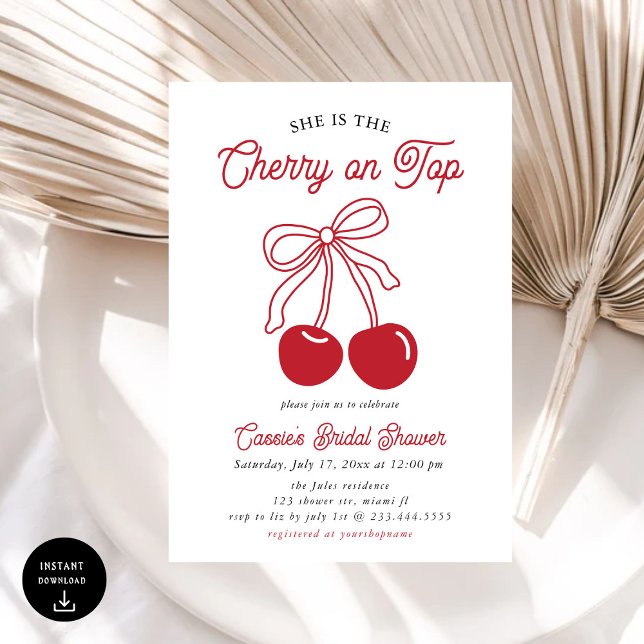 Modern Cherry On Top Pink Bow Bridal Shower Invitation (Creator Uploaded)