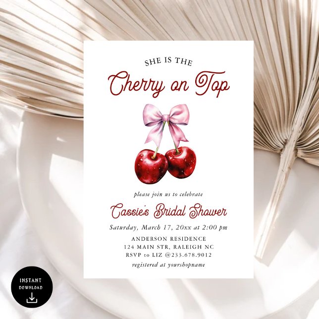 Modern Cherry On Top Pink Bow Bridal Shower Invitation (Creator Uploaded)