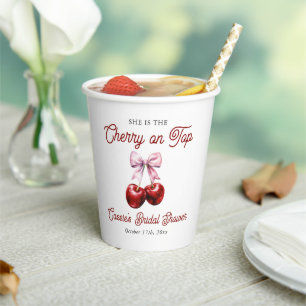 Modern Cherry On Top Pink Bow Bridal Shower Paper Cups