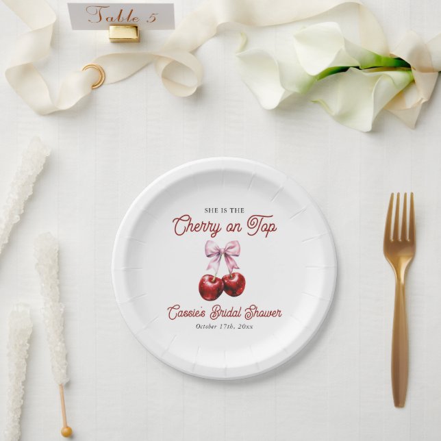 Modern Cherry On Top Pink Bow Bridal Shower Paper Plate (Wedding)