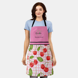 Modern Cherry Pattern Monogram Name Pink Apron
