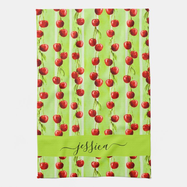 Modern cherry pattern script name  tea towel (Vertical)
