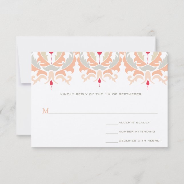 Modern Cherry Peach Mushroom Damask Wedding RSVP Card (Front)
