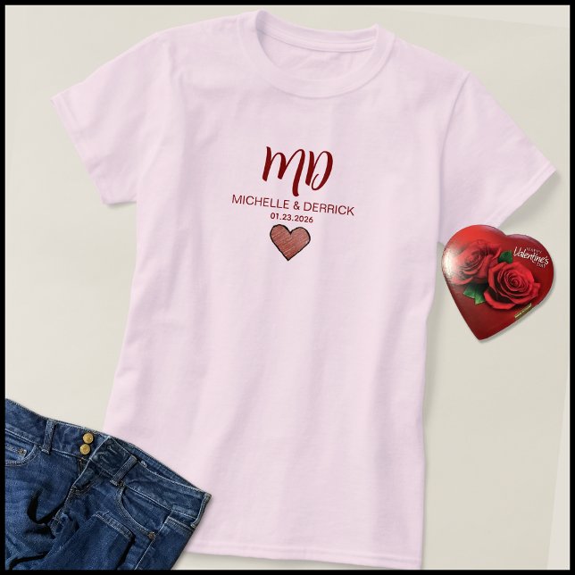 Modern Cherry Red Monogram Husband & Wife Name T-Shirt (Creator Uploaded)