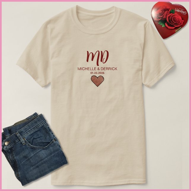 Modern Cherry Red Monogram Husband & Wife Name T-Shirt (Creator Uploaded)
