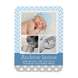 Modern Chevron Baby Boy Blue Grey Photo Birth Magnet